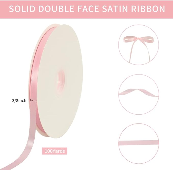 TONIFUL 3/8 Inch x 100yds Light Pink Satin Ribbon Thin Solid Fabric Ribbons Roll - Image 2
