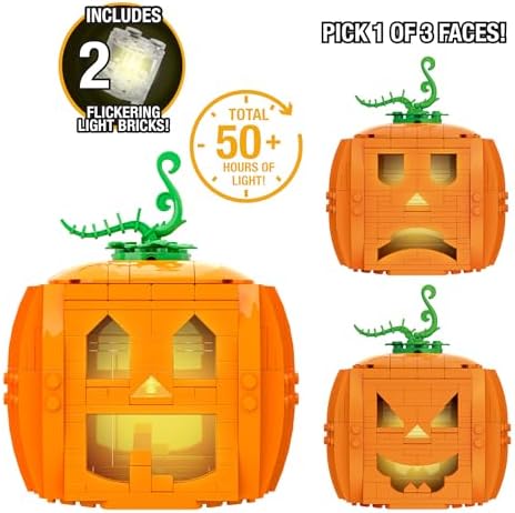 Brickcraft Brick O’-Lantern Building Kit, 233 Pieces | Halloween Pumpkin Decoration with 3 Interchangeable Faces & 2 Flickering Light Bricks | DIY Fall & Thanksgiving Jack-O’-Lantern Gift, Ages 8+