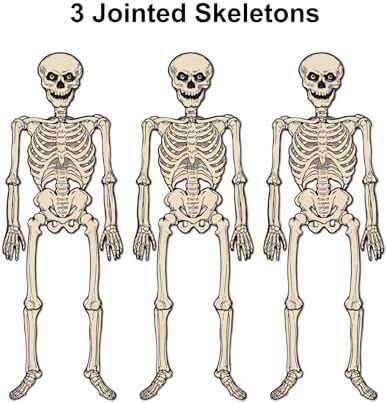 Beistle Vintage Halloween Jointed Skeleton Decorations – 3 Pack, Classic Full Body Cutouts, Retro Wall Décor, Poseable Hanging Figures, Spooky Seasonal Supplies, Haunted Accents, Creepy Props, 4' 3"