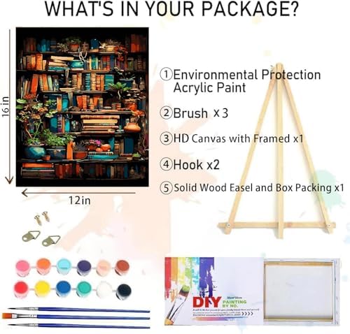 Bookshelf Paint by Numbers for Adults with Framed Canvas-with Wooden Easel,Paint by Numbers Kits Framed Canvas,DIY Acrylic Oil Painting Kits with Brushes Nice Gift Box for Home Wall Decor(12x16 Inch)