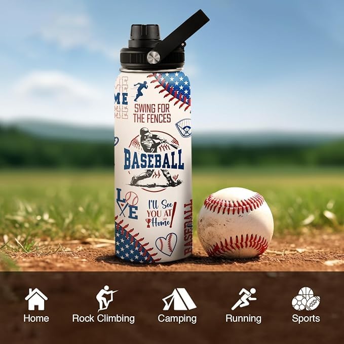 Baseball Water Bottle - 32oz Stainless Steel Insulated Sport Bottles with Lid - Men Baseball Lover Player Fan Coach