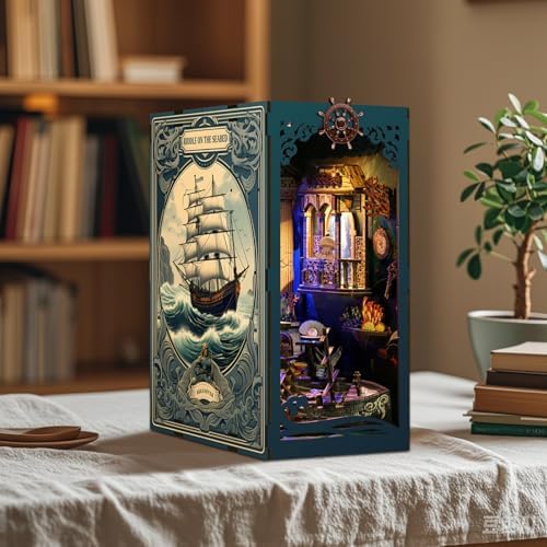 Mystic Ocean Diorama Book Nook - 3D LED Seafloor Decor with Shipwheel, Coral & Crystal Ball for Shelf Display