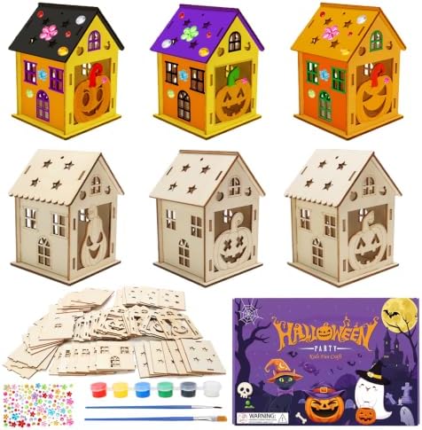 Fennoral 7 Pack Wooden Pumpkin House Craft for Kids Make You Own 3D Halloween House DIY Paint Art and Craft for Classroom Art Projiect Halloween Party Decoration