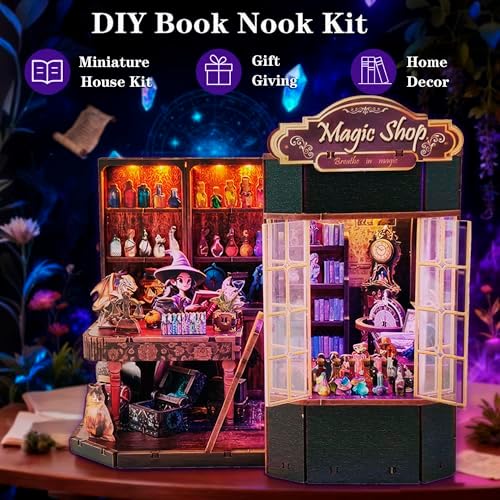 Magic Shop Book Nook Kit - DIY Miniature House Dollhouse Kit for Adult and Teens, Tiny House Bookshelf Decor 3D Wooden Puzzle with LED Lighting, Gifts for Family, Friends (Magic Shop)
