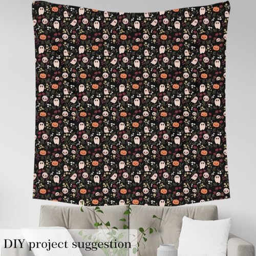 Feelyou Halloween Theme Soft Flannel Fabric by The Yard 5 Yards Kids Cute Ghost Sugar Skull Upholstery Fabric for Boys Girls Kawaii Pumpkin Bone Flower Floral for Home DIY Projects, Indoor Decor