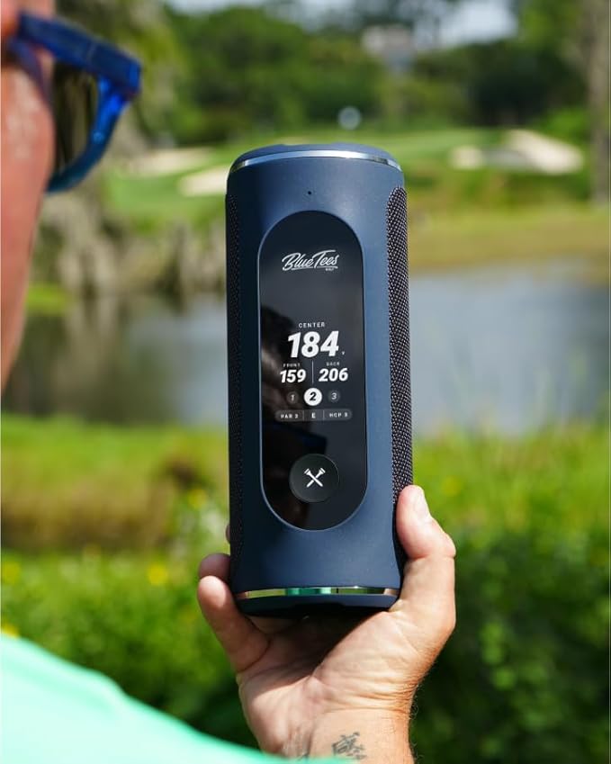 Blue Tees Golf Player+ AI-Powered GPS Speaker - Touchscreen Display, 10+ Hour Battery, 40,000+ Courses, Visual & Audible Distances, Hazard Detection, IPX7 Waterproof (Navy)