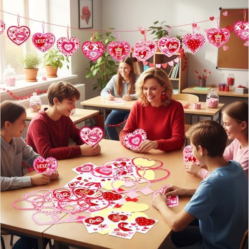 DoubleFill 48 Pcs Valentine's Day Heart Suncatchers Craft Kits DIY Heart Stained Glass Effect Tissue Paper Kits Bulk for Valentine Window Decor Ornament Party Art Favors