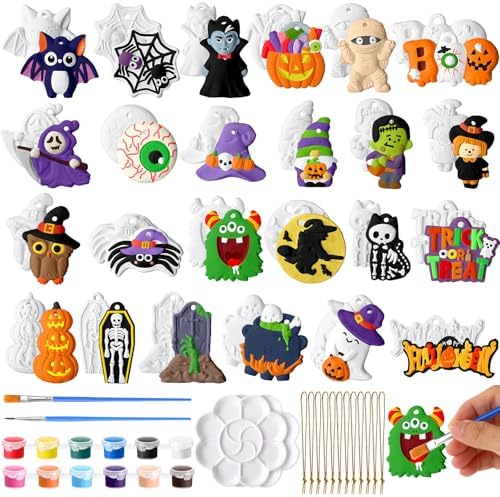 Seenelling 24 Sets DIY Painting Kits Paint Your Own Ceramics Monsters Ghost Unpainted Plaster Statues Arts and Crafts with Brush, Lanyard for Classroom Kid DIY Paint Craft Kit(Classic)