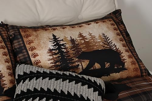 Castle Fairy Bear Print Full Size Comforter Set,Wild Animal Hunt Pine Trees Retro Bedding Comforters Bedroom Collection,Rustic Grid Plaid Cabin Decor Bedding Set for Girls Teens