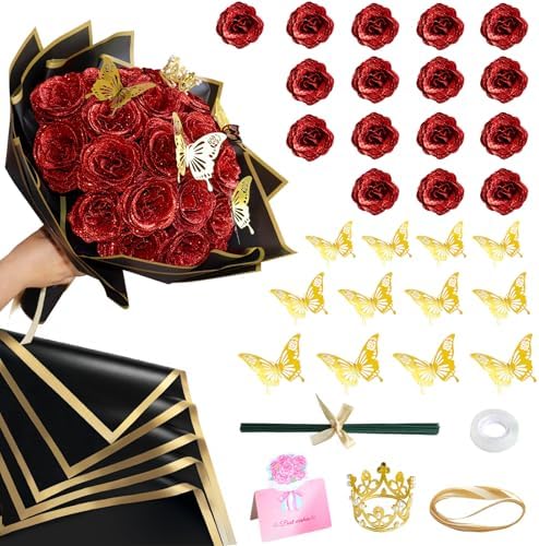 Red Glitter Flowers Bouquet, Fake Roses Bouquet 16 Pcs DIY Glitter Rose Bouquet Kits Birthday Gifts for Women Mom Mother's Day Anniversary Graduation