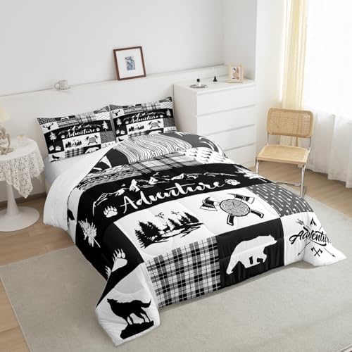 Castle Fairy Hunting Adventure Comforter Set Queen Size,Deer Antler Bear Pine Patchwork Bedding Set for Women Adult,Arrow Lodge Boho Aztec Camper Grid Luxury Bed Duvet Insert, 2 Pillowcases