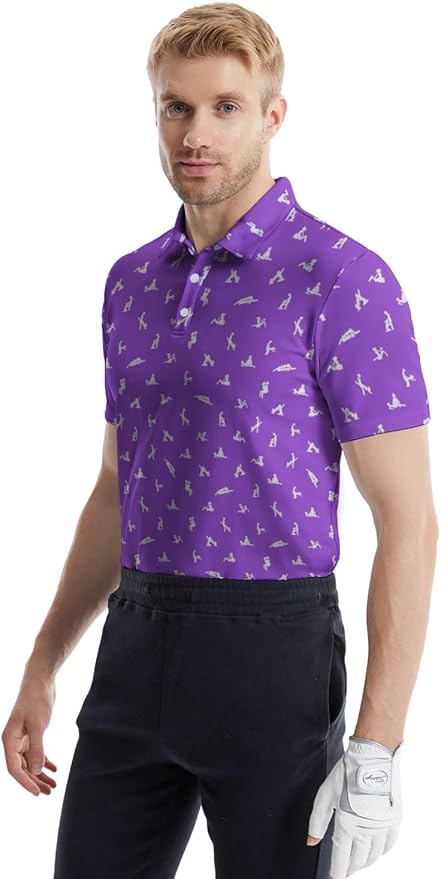 HUURAY Funny Golf Polos for Men Funny Print Short Sleeve Shirts Quick Dry Polo Shirts Hawaiian Shirt Performance Golf Outfits