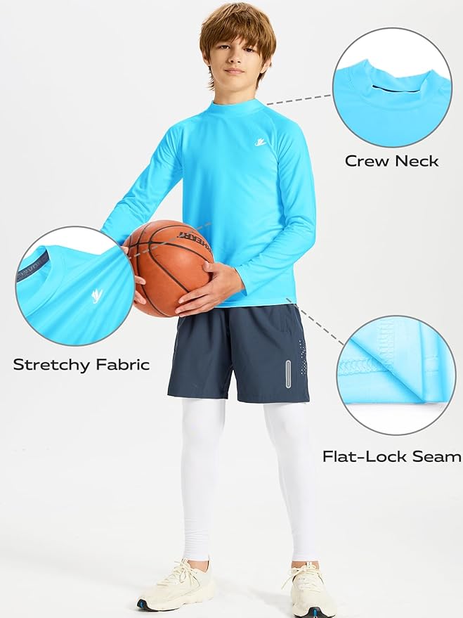 DEVOROPA Youth Boys Compression Thermal Shirt Long Sleeve Kids Fleece Baselayer Soccer Baseball Undershirt Slim/Regular/Husky
