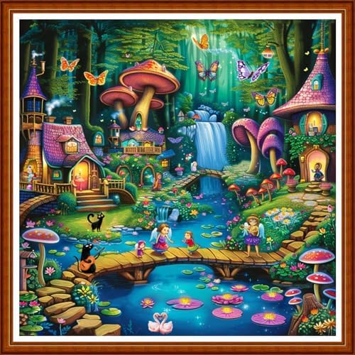 Joyhoor Stamped Cross Stitch Kits for Beginners Needlepoint Kits for Adults Embroidery Kits 11CT Counted Cross Stitch Kits Printed Embroidery Pattern- Fairy Tale Home 18x18 inchs