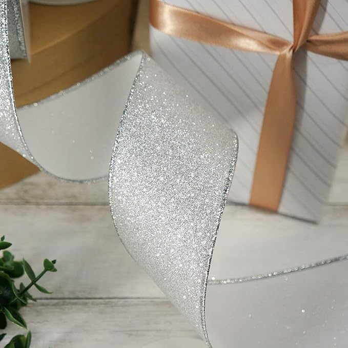 CT CRAFT LLC Glitter Wired Ribbon 2.5" x 10 Yards Silver - Image 3