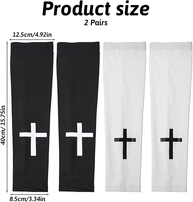 2 Pairs Faith Cross Arm Sleeves Christian Religious Compression Arm Sleeves Polyester Cooling Outdoor Sports Accessories for Men Women Football Baseball Volleyball Running Cycling Black White