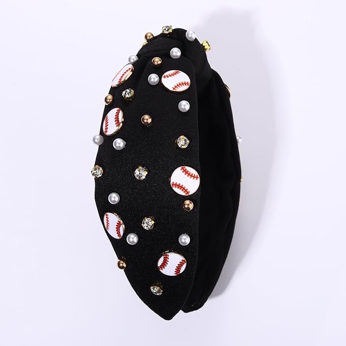 Baseball Headband for Women Baseball Accessories Beaded Crystal Pearl Knotted Headbands Baseball Charm Embellished Headband Wide Top Knot Sports Game Day Headband Gifts (A-Black 2)