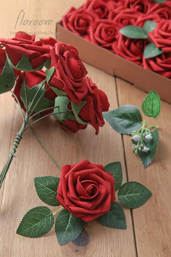 Floroom Artificial Flowers 25pcs Real Looking Dark Red Foam Fake Roses - Image 2