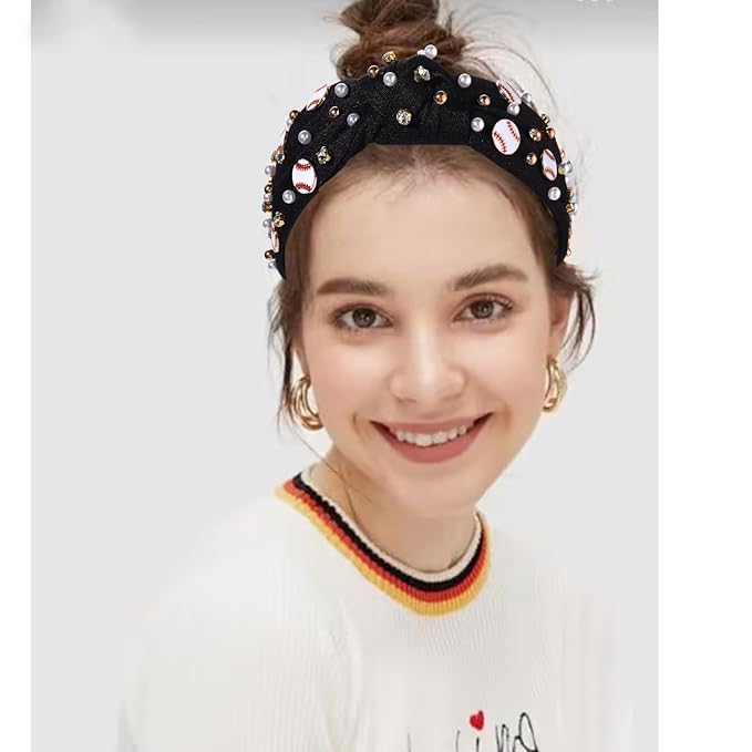 Baseball Headband for Women Baseball Accessories Beaded Crystal Pearl Knotted Headbands Baseball Charm Embellished Headband Wide Top Knot Sports Game Day Headband Gifts (A-Black 2)