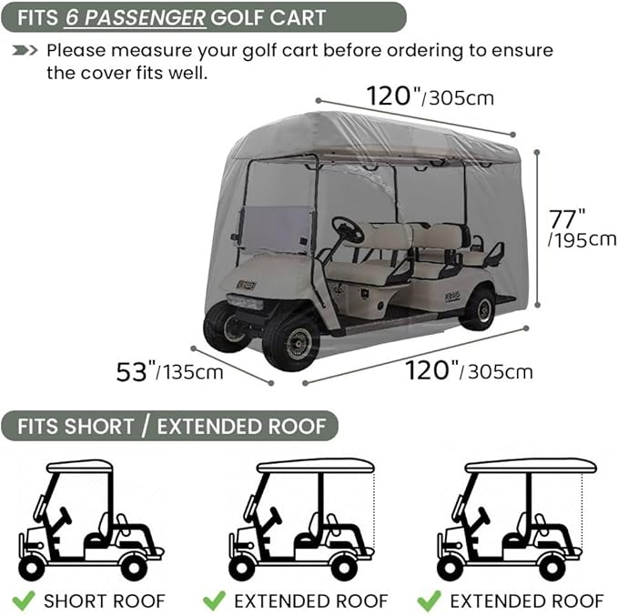 Golf Cart Cover 2/4/6 Passenger, All-Weather Protection Golf Cart Rain Covers, UV Resistant with Windproof Buckle Golf Cart Accessories (Fits for Club Car, for EZGO, for Yamaha)