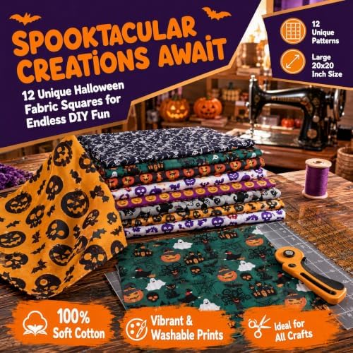 12Pcs Halloween Cotton Fabric Bundles, 20x20 Inch Halloween Sewing Fabric Squares Pumpkin Ghost Bat Printed Cloth for DIY Quilting Craft Decor