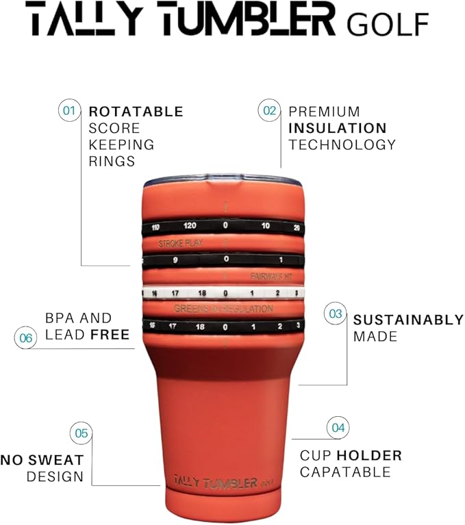 Tally Tumbler Golf Stainless Steel Cup with Score Keeping Counter, 30 oz Double Wall Insulated Tumbler with Leak Proof Lid (Cart Path Coral)