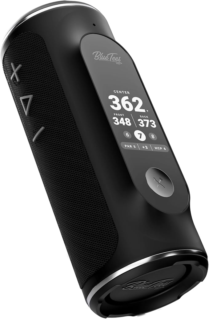 Blue Tees Golf Player+ AI-Powered GPS Speaker - Touchscreen Display, 10+ Hour Battery, 40,000+ Courses, Visual & Audible Distances, Hazard Detection, IPX7 Waterproof (Black)