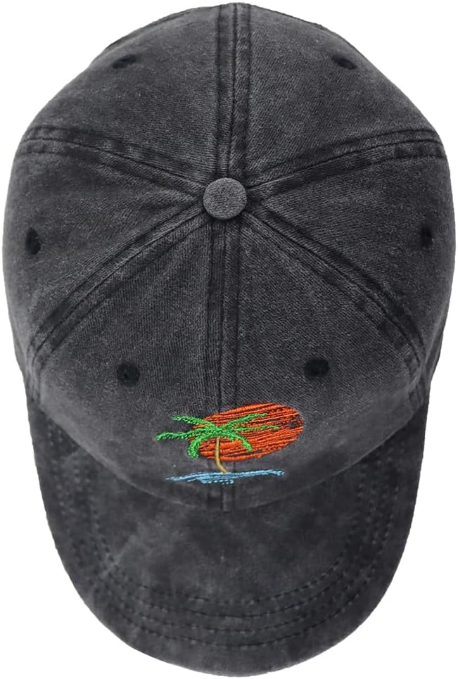 Summer Beach Sun Hat for Men Women, Tropical Themed Embroidered Adjustable Baseball Cap with Palm Tree and Sunset Design