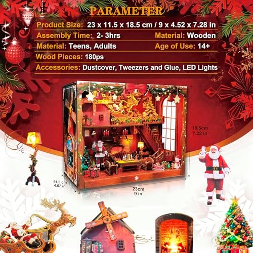 DIY Miniature House, LED Lighting Book Nook Kit Dollhouse Kit,Music Box Dollhouse, 3D Wooden Puzzle with Dust Cover,Gifts for Family, Friends,Christmas(Christmas Carnival)