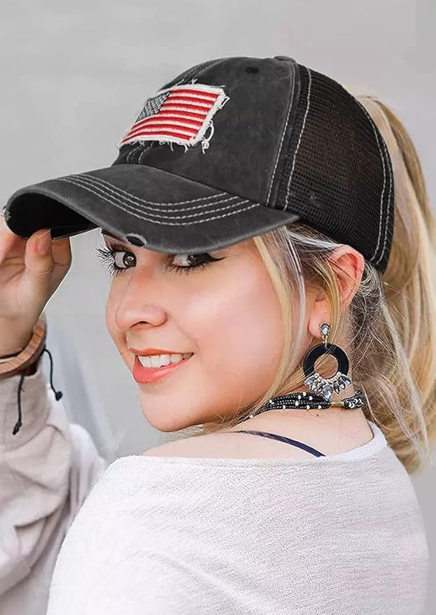 Distressed Ponytail Hat for Women American-Flag Pony Tail Caps High Bun