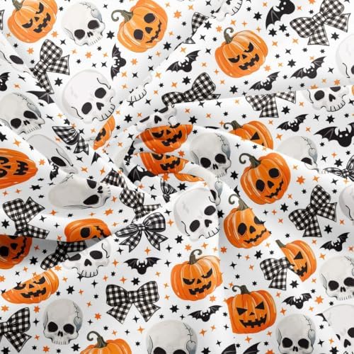 Halloween Pumpkin Fabric by The Yard Cartoon Human Skull Bat No Stretch Fabric for Sewing Supplies Gingham Bow Stars Decor Soft Polyester for Home DIY Projects 5 Yards Whole Piece,180" L x 59" W