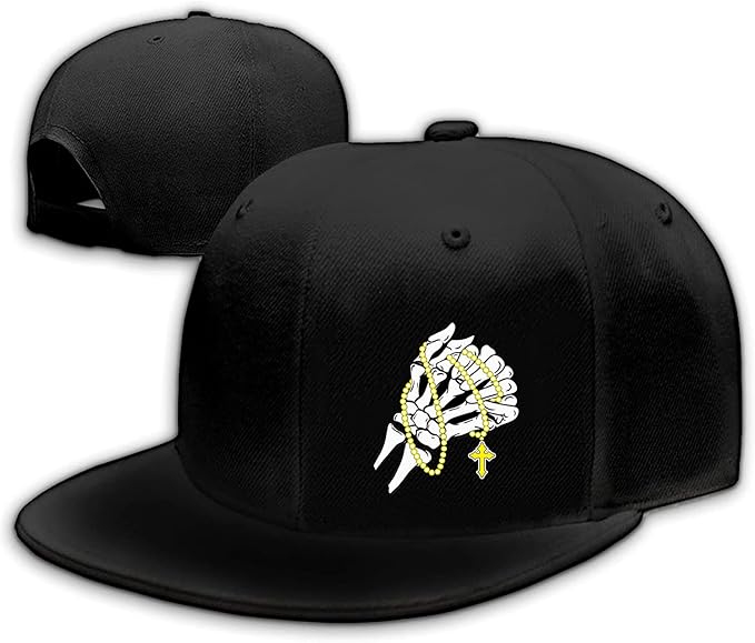 Skull Finger Flat Bill Hats for Men Black Mens Snapback Hat Baseball Cap Fitted Hat Rock N Roll Skeleton Hand Snap Backpack