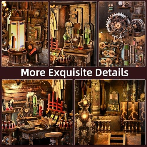 fifijoy Book Nook Kit, DIY Miniature Dollhouse Booknook Kit, 3D Wooden Puzzle Bookend Bookshelf Insert Decor with LED Light for Teens and Adults (Steampunk Mad Scientist Laboratory)