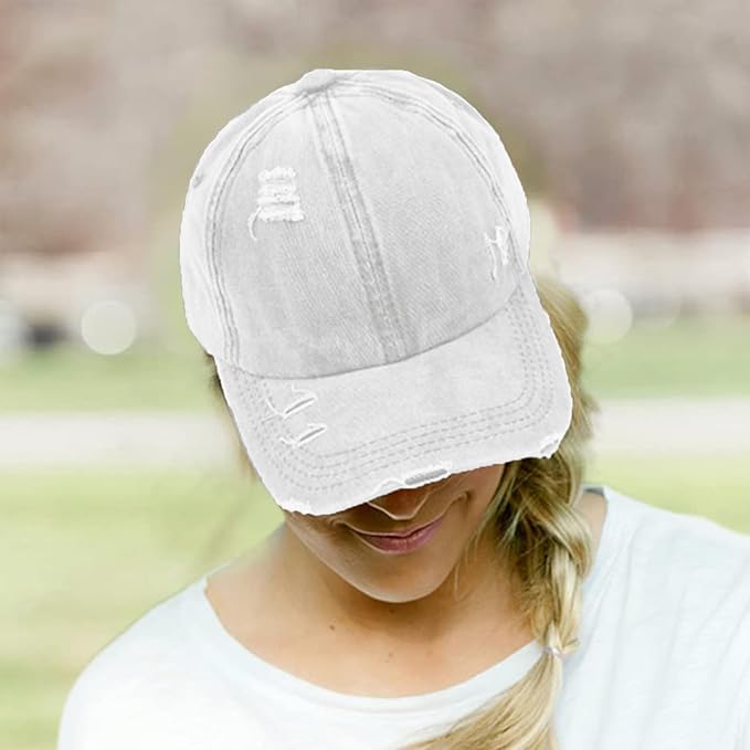 Womens Criss Cross Ponytail Baseball Cap Distressed Ponytail Hat High Messy Bun Trucker Ponycap for Outdoor Sports