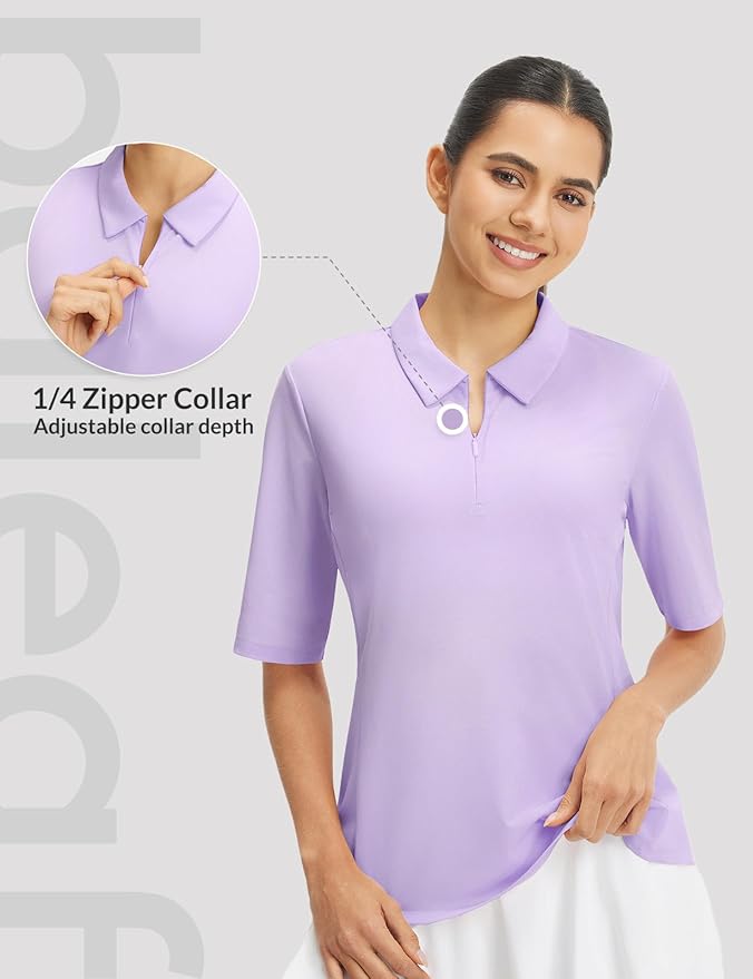 baleaf Women's Golf Shirts Half Sleeve Elbow Length Sleeves Polo Tops Workout Athletic Collared Quarter Zip V Neck UPF