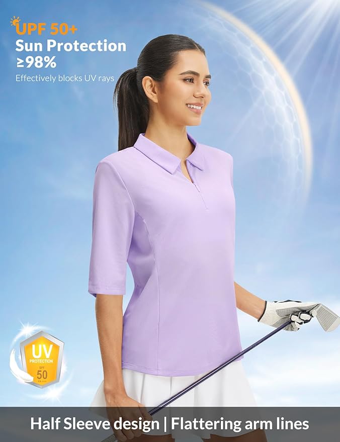 baleaf Women's Golf Shirts Half Sleeve Elbow Length Sleeves Polo Tops Workout Athletic Collared Quarter Zip V Neck UPF