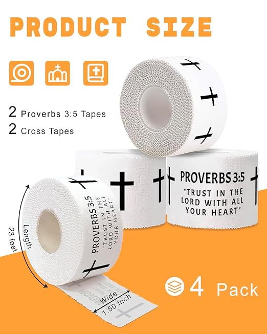 Yigney 4 Pack Christian Athletic Tapes Religious Sport Tape Bible Verse Wrist Tape Cross White Tapes for Sports Gymnastics Tennis 1.5IN X 23FT
