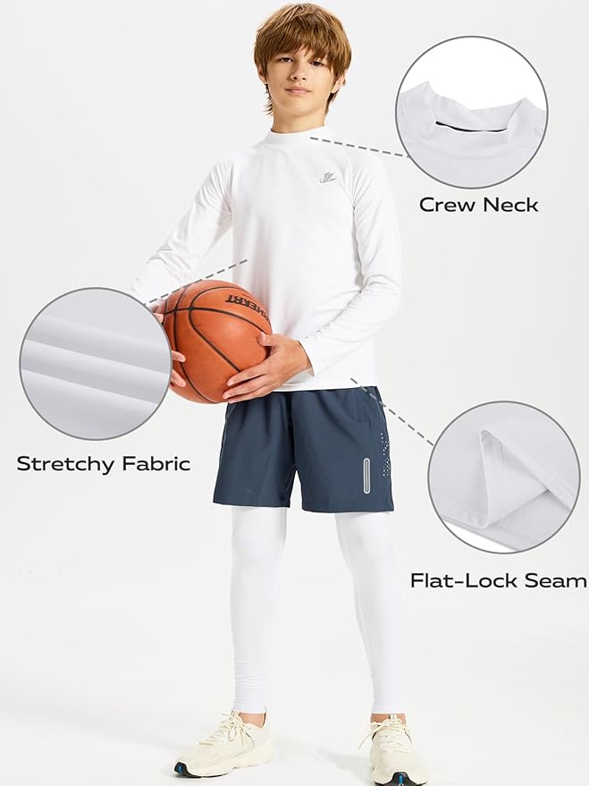 DEVOROPA Youth Boys Compression Thermal Shirt Long Sleeve Kids Fleece Baselayer Soccer Baseball Undershirt Slim/Regular/Husky