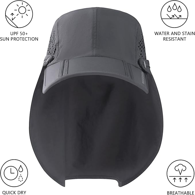 BASSDASH UPF 50+ Foldable Fishing Hat Baseball Cap with Removable Neck Flap Portable for Men Women Golf Hiking