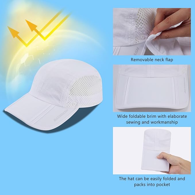 BASSDASH UPF 50+ Foldable Fishing Hat Baseball Cap with Removable Neck Flap Portable for Men Women Golf Hiking