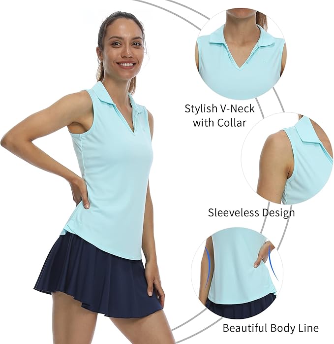 LastFor1 Women's Sleeveless Polo Golf Shirts Quick Dry 50+ UV Protection V-Neck with Collar Lightweight Tennis Tank Tops