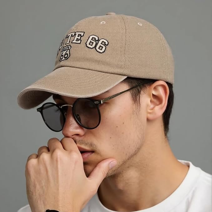 Vintage Washed Cotton Baseball Caps for Women Men Classic Route 66 Embroidered Sun Protection