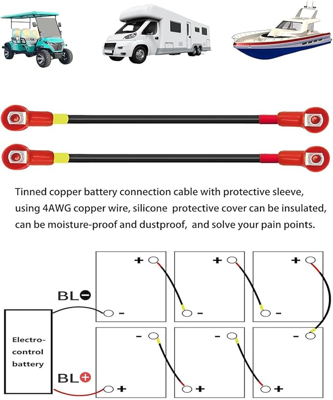 Golf Cart Battery Cables for EZGO TXT 1994-Up – 4 AWG 7PCS Pure Copper Wiring Kit for 36V/48V Carts, Heavy-Duty Battery Wires with Insulated Terminals, Heat & Corrosion Resistant
