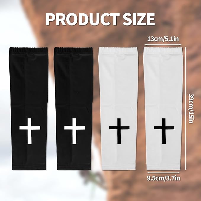 BOXOB 2 Pairs Faith Cross Arm Sleeves, Polyester Religious Compression Cooling Arm Sleeves for Men Women Football Basketball Baseball Running Cycling Outdoor Activities Sleeve (Black, White)