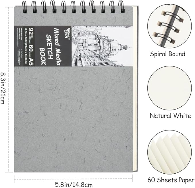 8.3x5.8 Sketch Book, Top Spiral Bound Sketch Pad, 60sheets 92lb/150gsm Nature - Image 2