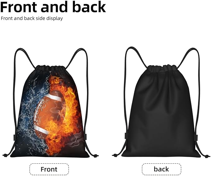 Football Drawstring Backpack Sports Backpack Bag for Kids Teens Adults Boys Girls Women Men, Sport Gym Swim Travel Work Hiking Daypack Bag with Water and Fire Pattern Printed, Medium