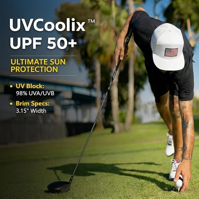 UVCoolix™ Cooling Sweatband Flat Bill Golf Baseball Cap,Breathable Sun Protection,Water-Resistant Snapback Performance Hat