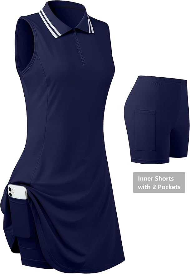 Womens Sleeveless Golf Tennis Dresses with Inner Shorts＆Pockets for Workout Exercise