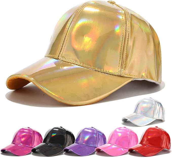 Women Men Faux Leather Baseball Cap Glitter Metallic Holographic Rainbow Reflective Hip Hop Adjustable Strapback Peaked Hat Silver