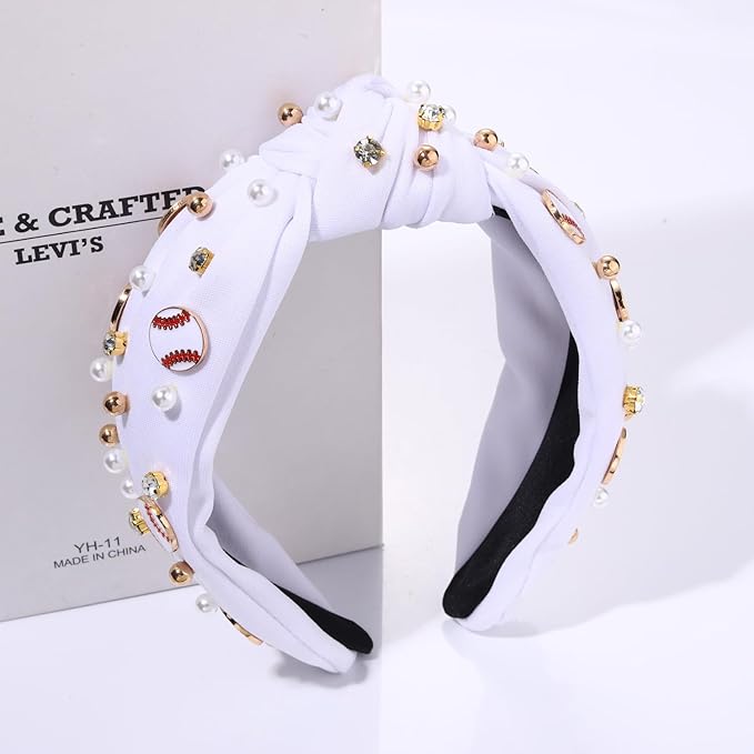 Baseball Headband for Women Baseball Accessories Beaded Crystal Pearl Knotted Headbands Baseball Charm Embellished Headbands Wide Top Knot Sports Game Day Headband Gifts (A-White)